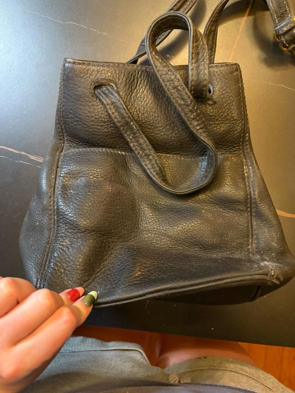 Garage Blowout Vintage Black Pebbled Leather Drawstring Backpack Bag - Picture 4 of 7